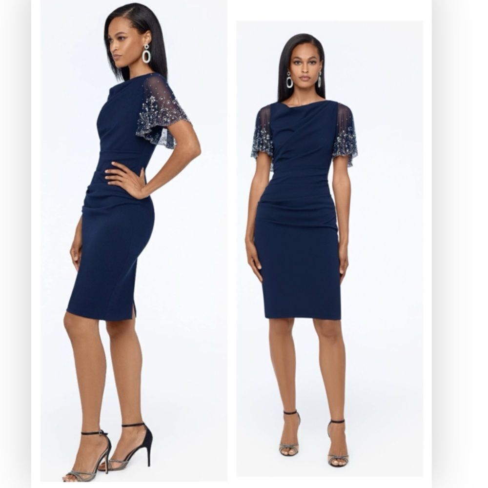Betsy & Adam A24004P Short Rouched Crepe w/Beaded Flutter Sleeve Dress $259